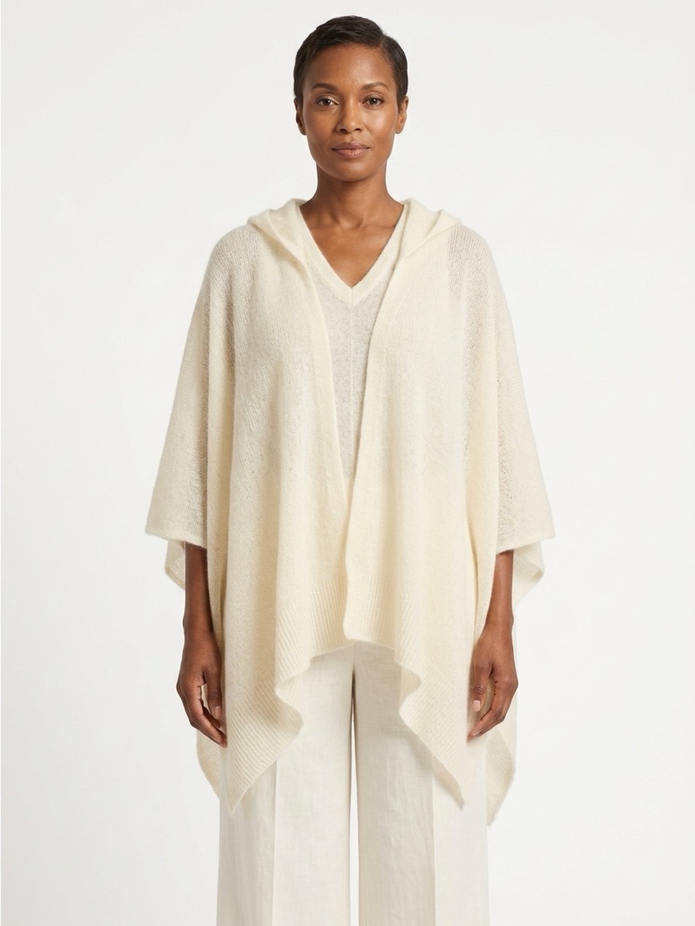 Eileen Fisher Hooded Knit Poncho Mohair Blend Cream One Size